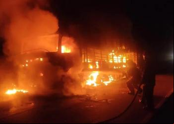 128 PORCOS SÃO QUEIMADOS VIVOS DURANTE INCÊNDIO EM CAMINHÃO NA BR-265. VEÍCULO HAVIA SAÍDO DE PONTE NOVA