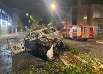 Carro bate em árvore e pega fogo em Ipatinga
