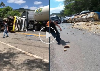 URGENTE: BR-381 É INTERDITADA APÓS CARRETA DE ÓLEO TOMBAR EM SÃO GONÇALO DO RIO ABAIXO