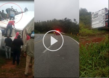 SAQUEADORES ABREM BAÚ DE CAMINHÃO NA MACHADADA EM BELA VISTA DE MINAS APÓS ACIDENTE