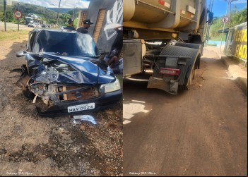 FIAT UNO COLIDE COM CARRETA NA BR-381 EM BELA VISTA DE MINAS; NINGUÉM FICOU FERIDO